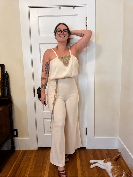 Vintage Pants - 70s Vintage Cream Jumpsuit with Crochet Detailing Sz XS